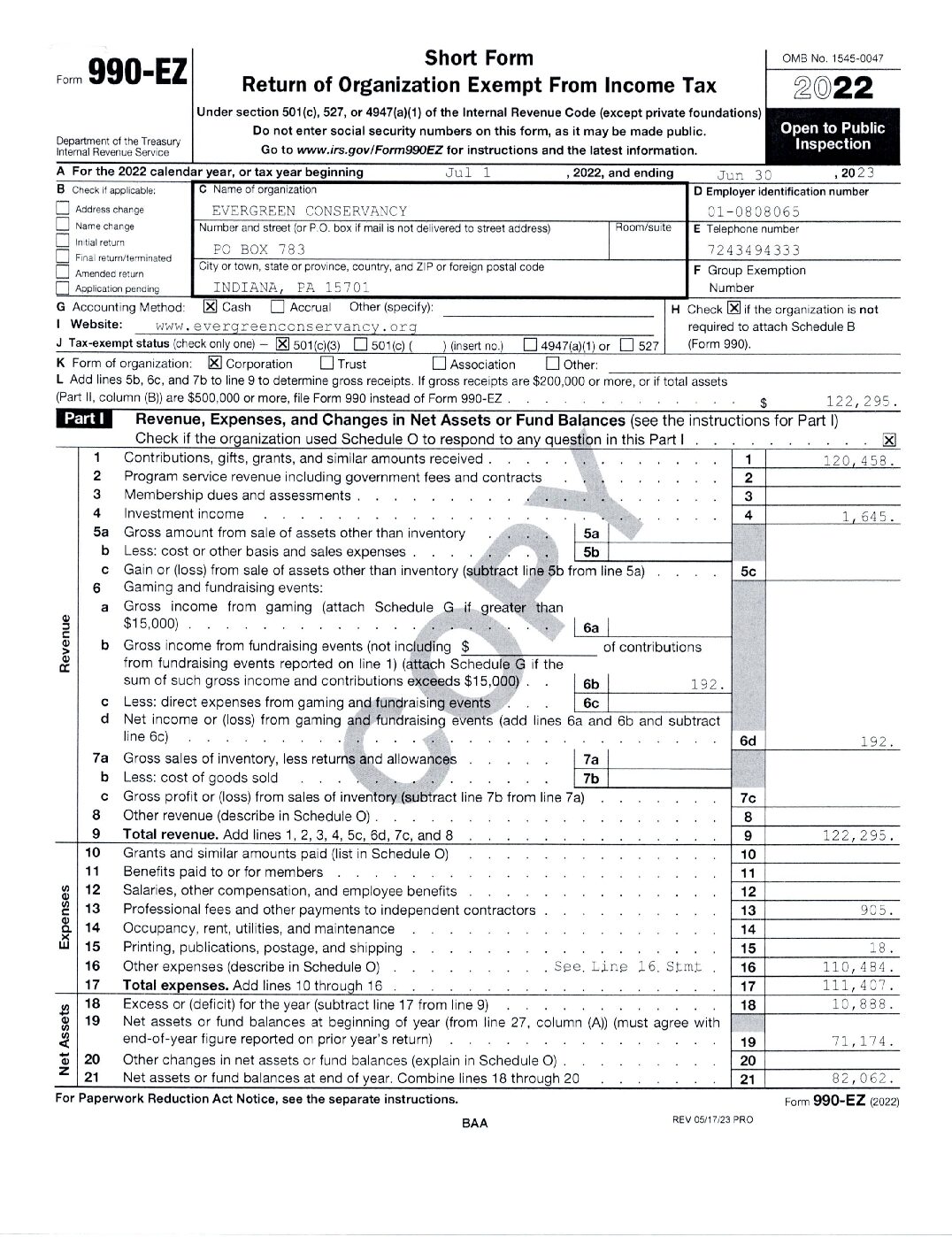2022 Fiscal Year 990 Tax Return Evergreen Conservancy